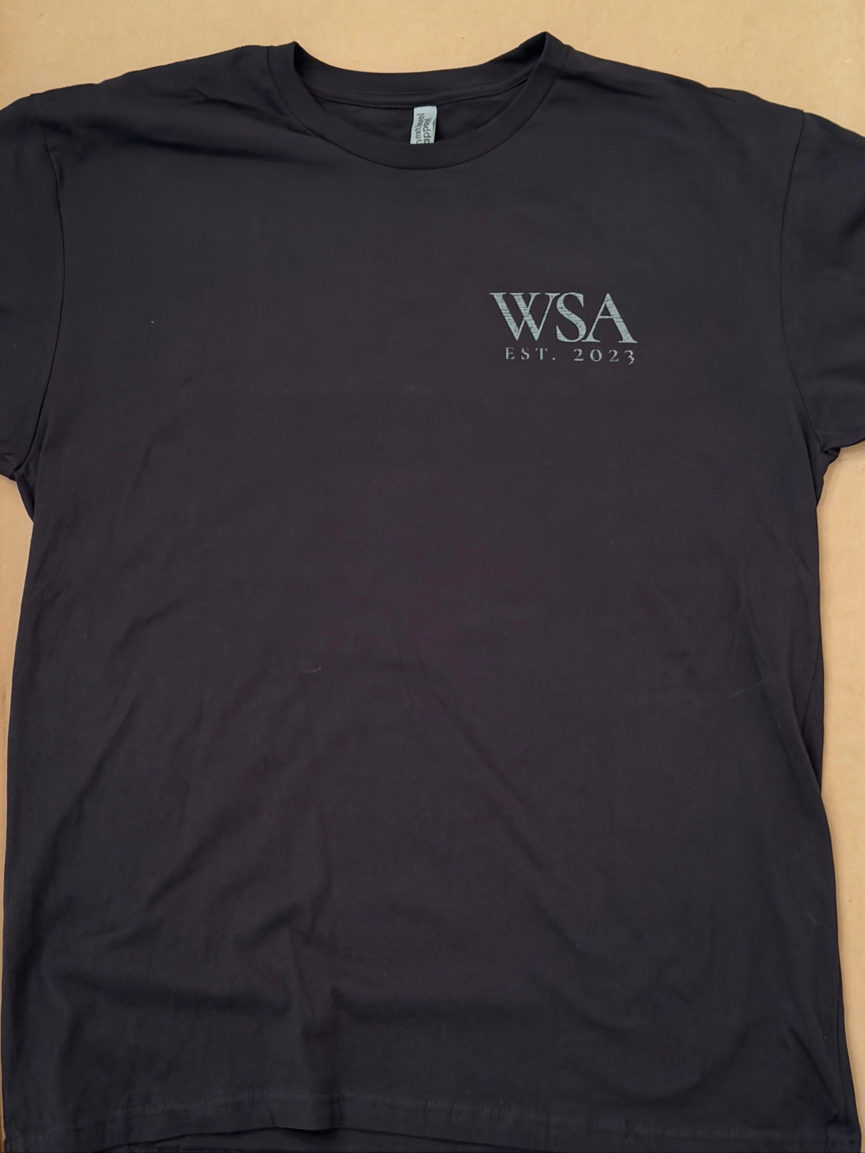 WE TRAIN - black athletic tee with WSA American Flag design