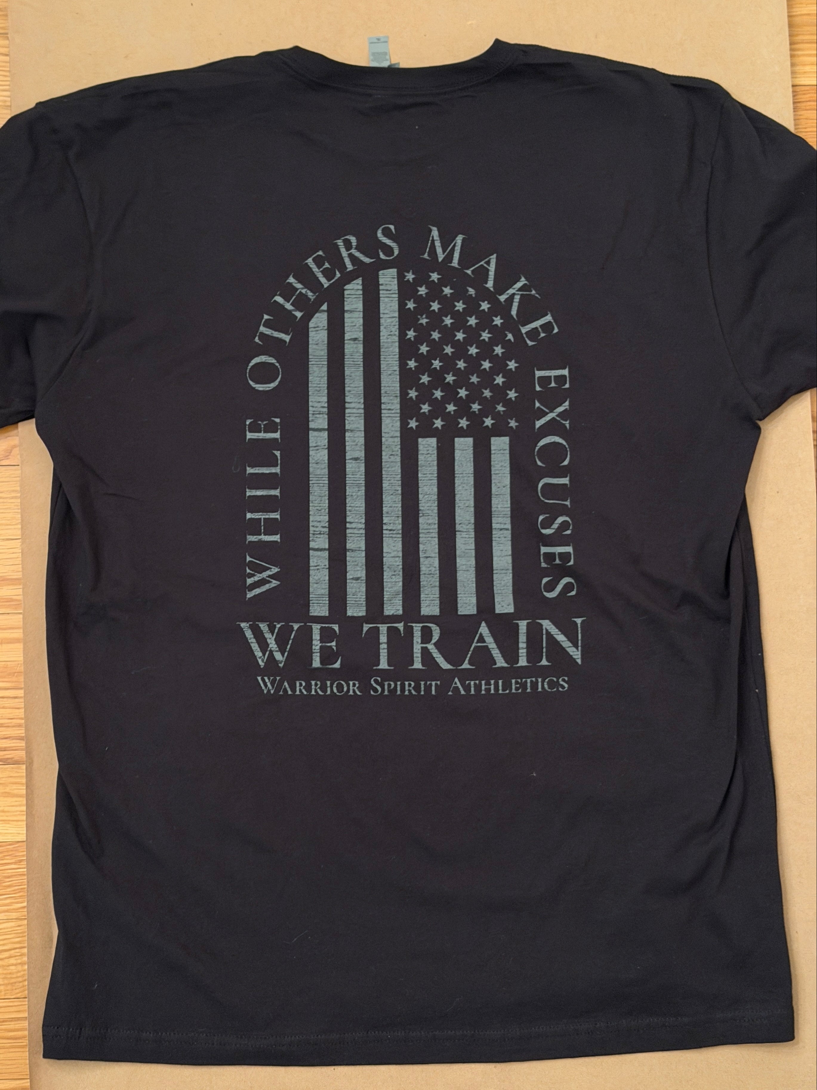 WE TRAIN - black athletic tee with WSA American Flag design